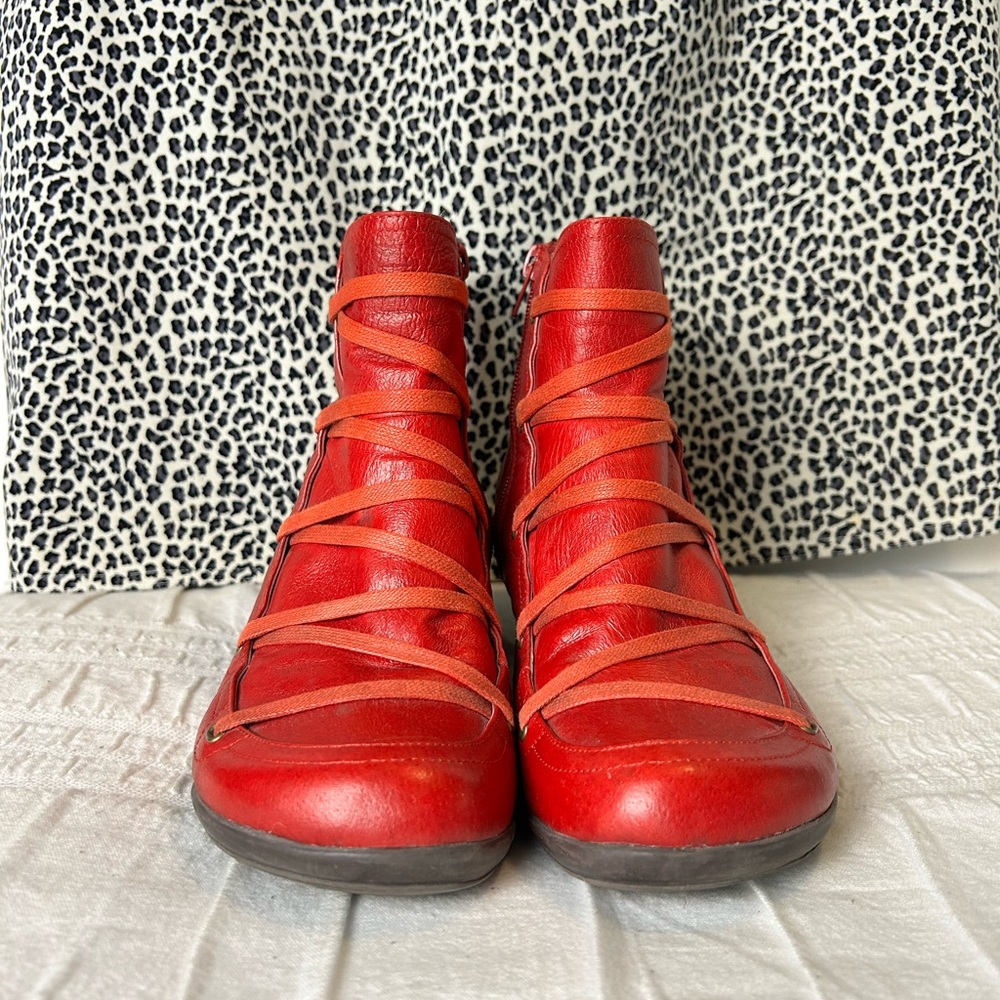 Miz Mooz Red Leather Lace Kitten Heel Boots - Picture 3 of 11